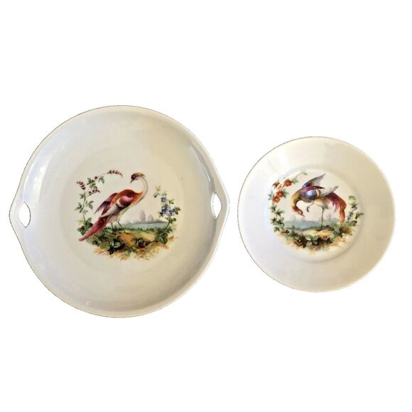 Exotic Bird Plates Porcelain PK Unity Server Trays Handpainted Peafowls Set of 2 - Picture 1 of 12